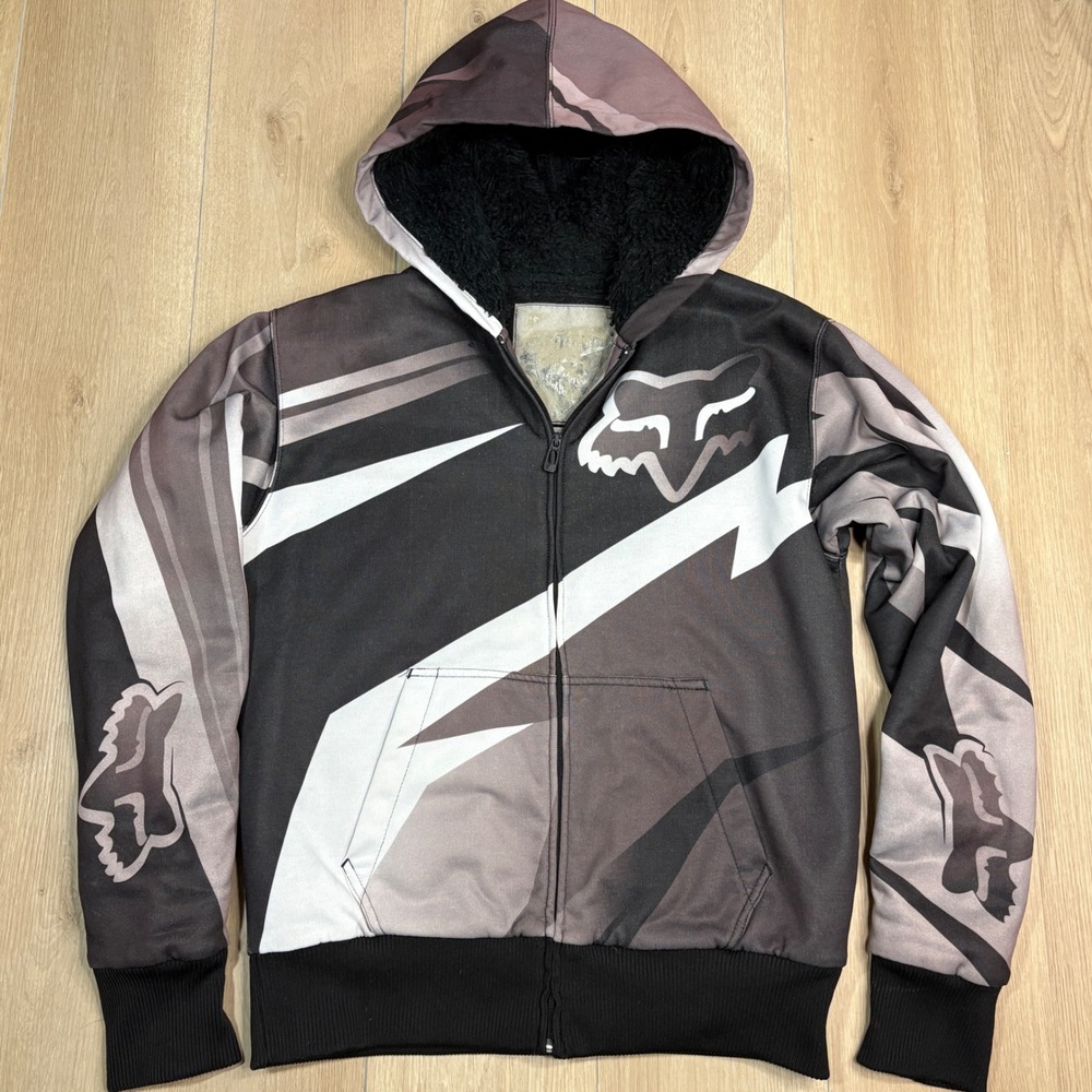 Y2K Fox Racing Sasquatch Medium Sherpa Lined Zip Up Hoodie‎ Black Gray Motocross
